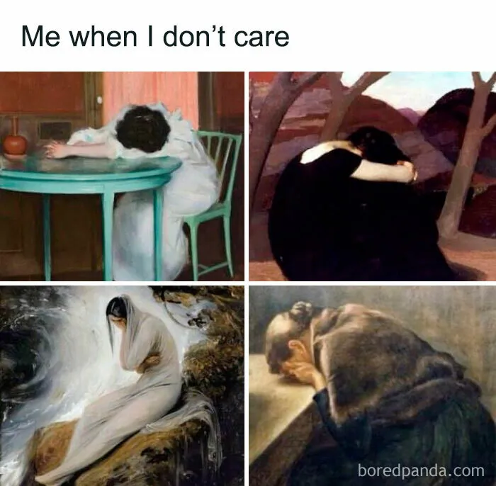 Four paintings of women in various poses expressing apathy, highlighting relatable emotions often depicted in "just girly things" memes.
