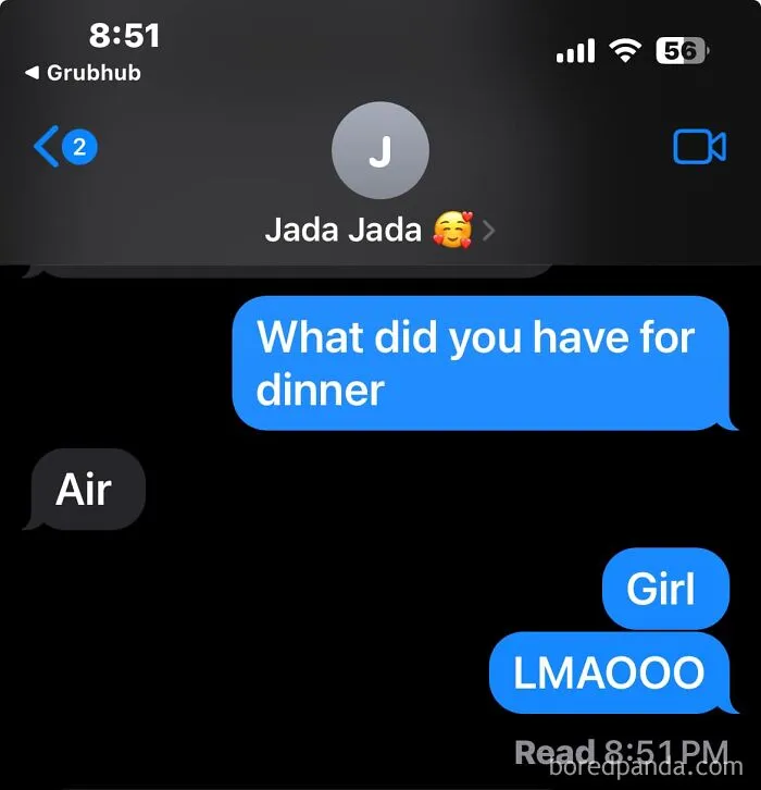 Text conversation meme about dinner, featuring the phrase "Air" and a humorous response "Girl LMAOOO."