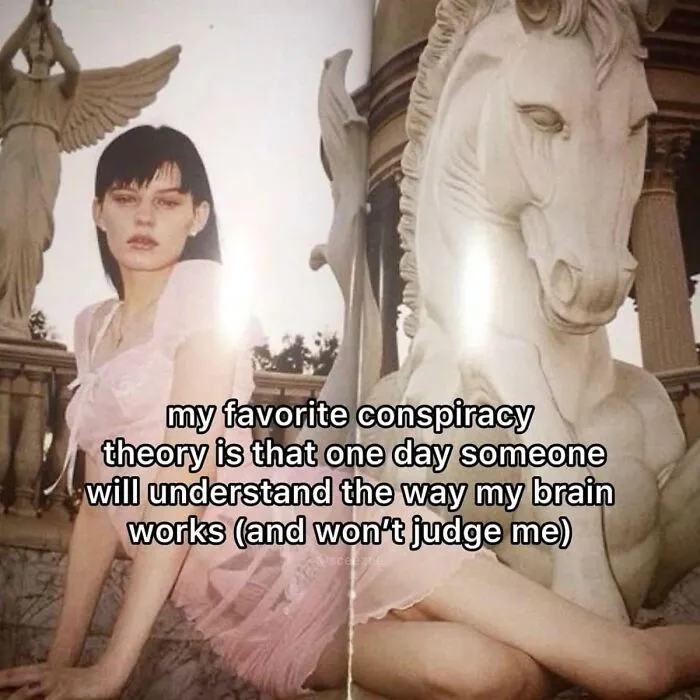 Woman in a pink dress beside a horse statue with a humorous meme text, capturing relatable "just girly things".