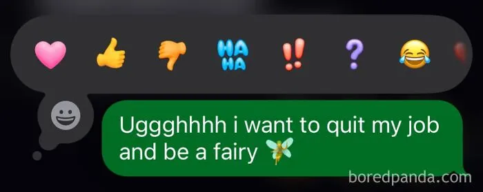 Text message with emojis expressing wanting to quit and be a fairy, humorously relatable to girly things.