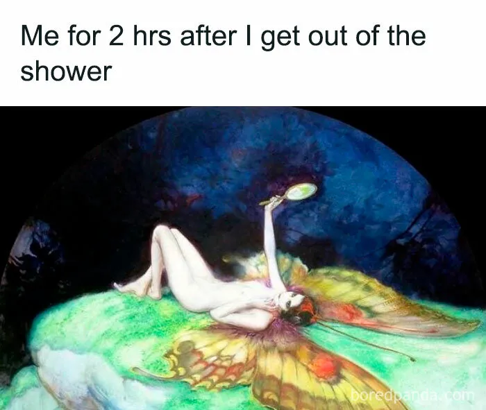 A fairy-like figure with wings lounges, holding a mirror, capturing "girly things" meme humor.
