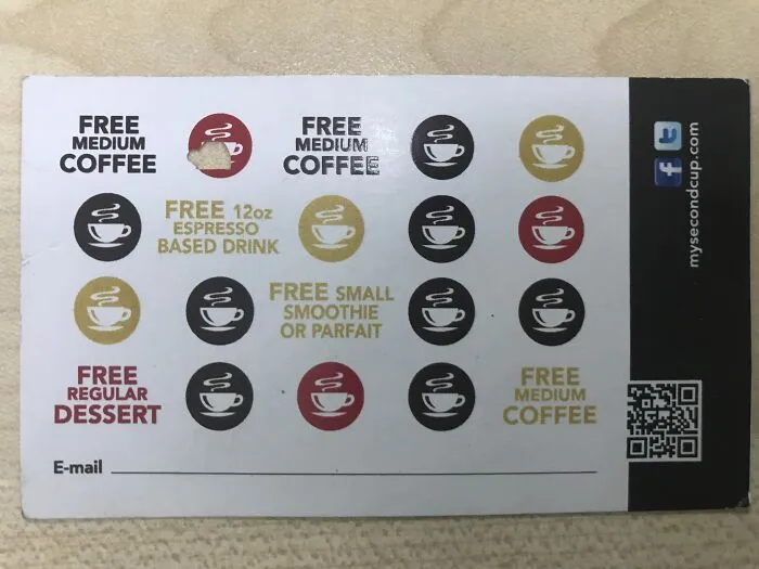 Punch card with sentimental value showing offers for free drinks and desserts.