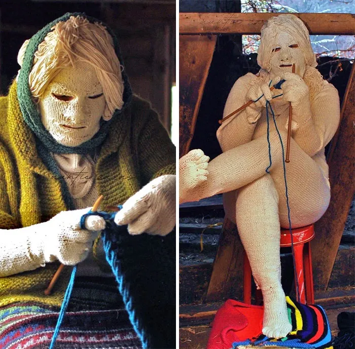 Oddly terrifying knitted figures, one knitting with needles, the other sitting on a stool in eerie handmade outfits.