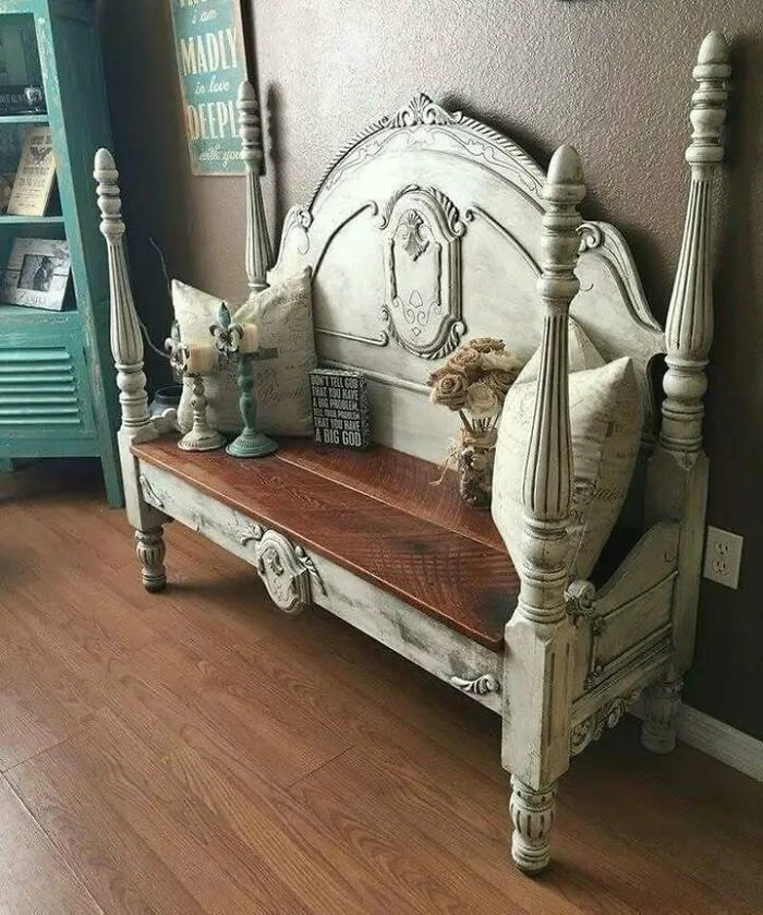 Upcycled bench with ornate headboard demonstrating creative recycling in home decor.