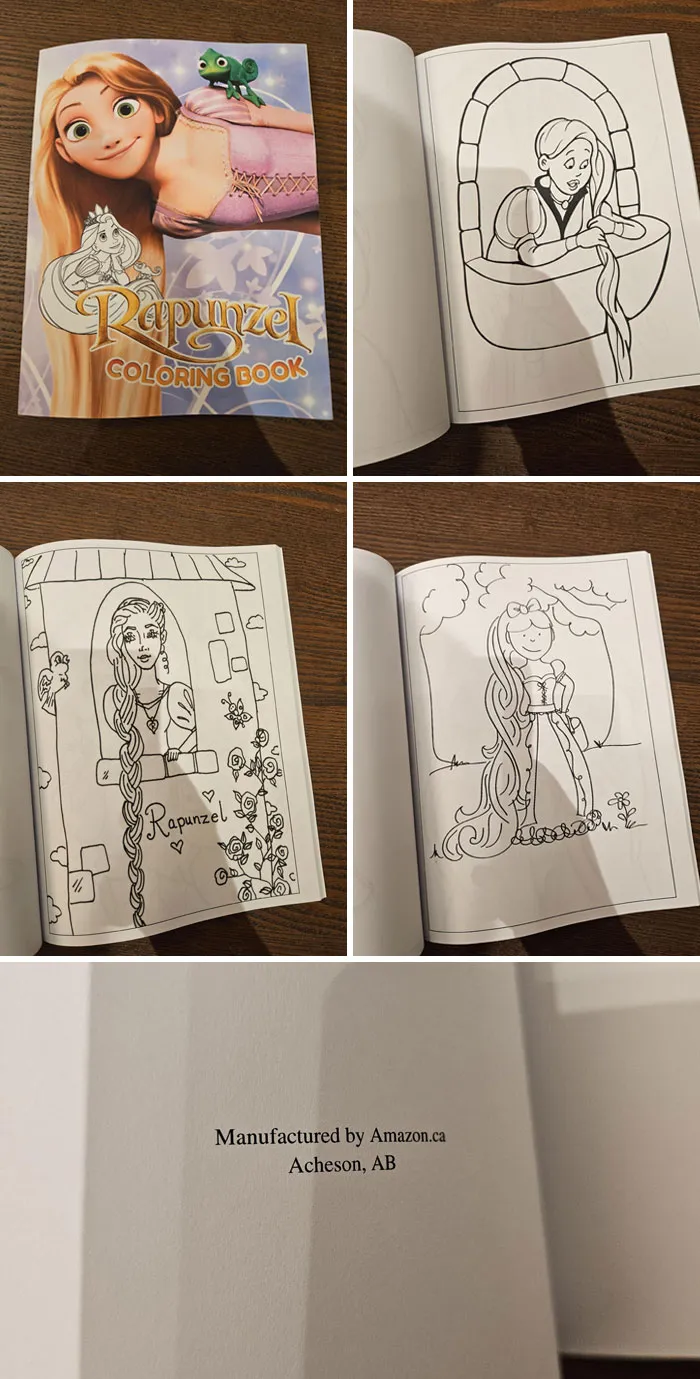 Poorly-Written-Designed-Books: A Rapunzel coloring book with amateur illustrations and low-quality printing details.