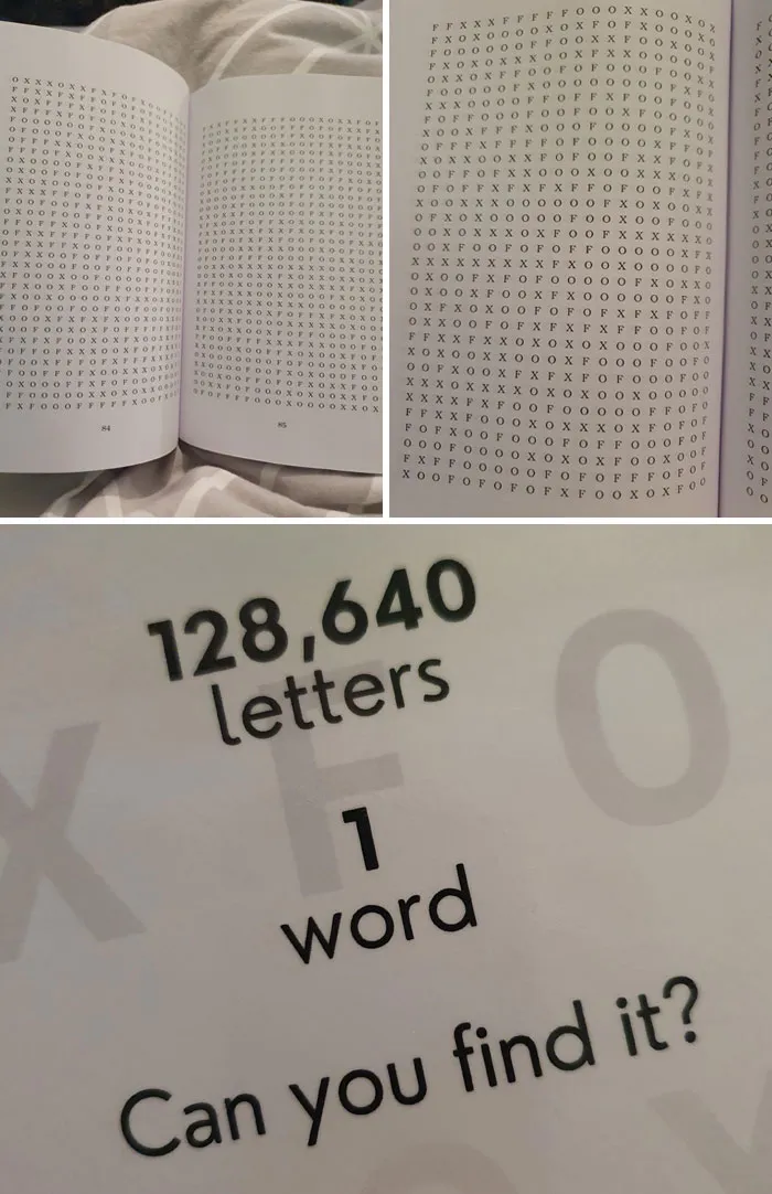 Book pages filled with repetitive letters challenge; example of poorly-written-designed-books.