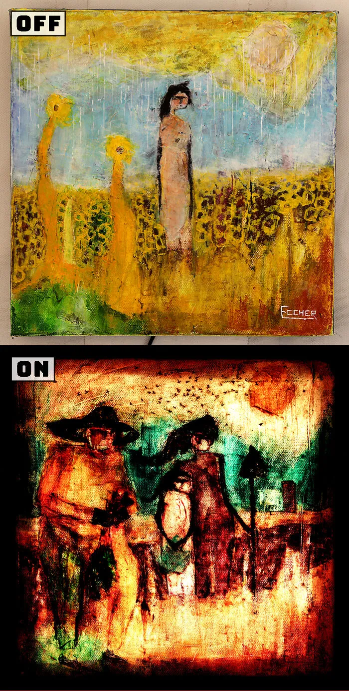 I Paint Two Paintings On One Canvas That Then Are Interchangeable Using LED Lights (6 Pics)