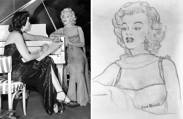 Jane Russell Shows Her Co-Actress Marilyn Monroe (At The Time, Jane Was The Bigger Star) One Of Her Talents: Drawing. Here She Draws An Sketch Of Monroe. Result At The End. This Was During The Filming Of "Gentlemen Prefer Blondes," 1953