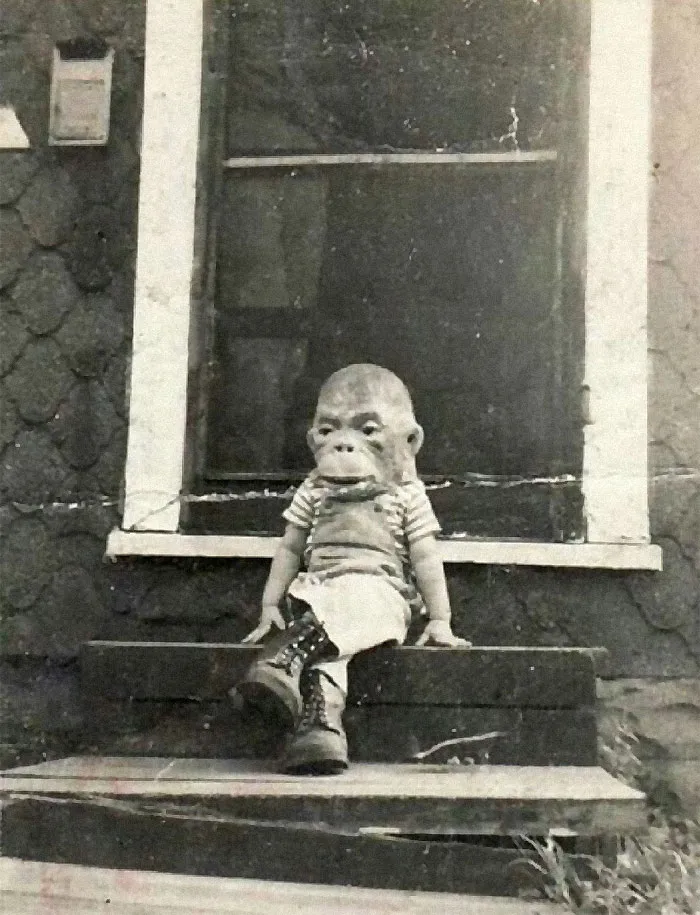 Vintage Photograph Of A Kid Wearing A Monkey Mask, 1920s