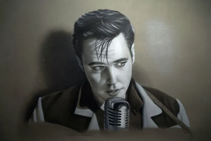 A professional German artist's realistic 3D drawing of a singer at a microphone.