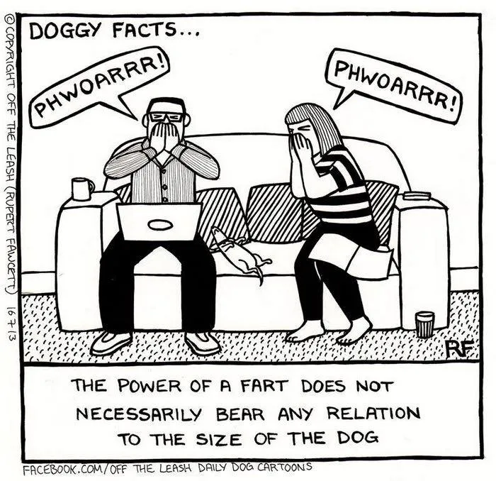 Cartoon of a couple reacting to dog's fart, illustrating the humorous reality of dog ownership.