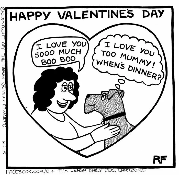 Cartoon of a woman and a dog in a heart shape, humorously showing the reality of owning a dog.