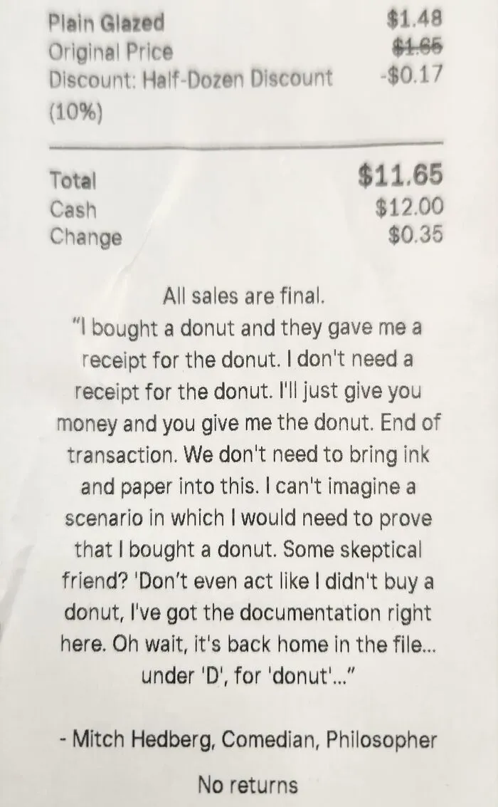 Local Donut Shop Includes Mitch Hedberg's Philosophy On Receipts