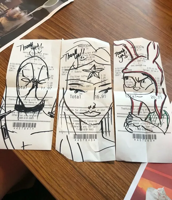 Our Waiter Doodled On Our Receipts At Denny’s Today