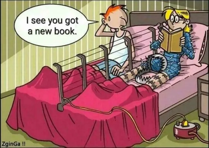 Cartoon of a person wrapped in duct tape reading a book in bed with a humorous twist.