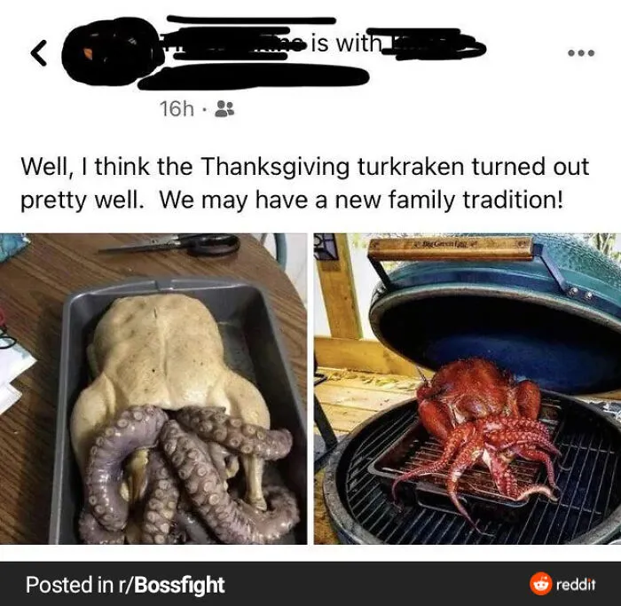 Turkey with octopus tentacles prepared for Thanksgiving, dubbed "turkraken," shared in a social media post.