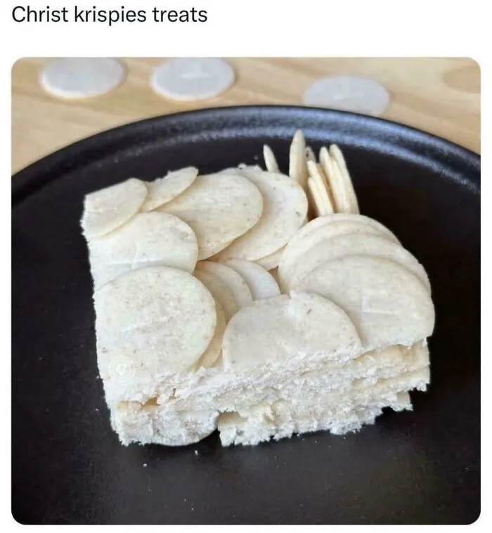 Square dessert topped with round wafers, humorously captioned "Christ krispies treats."