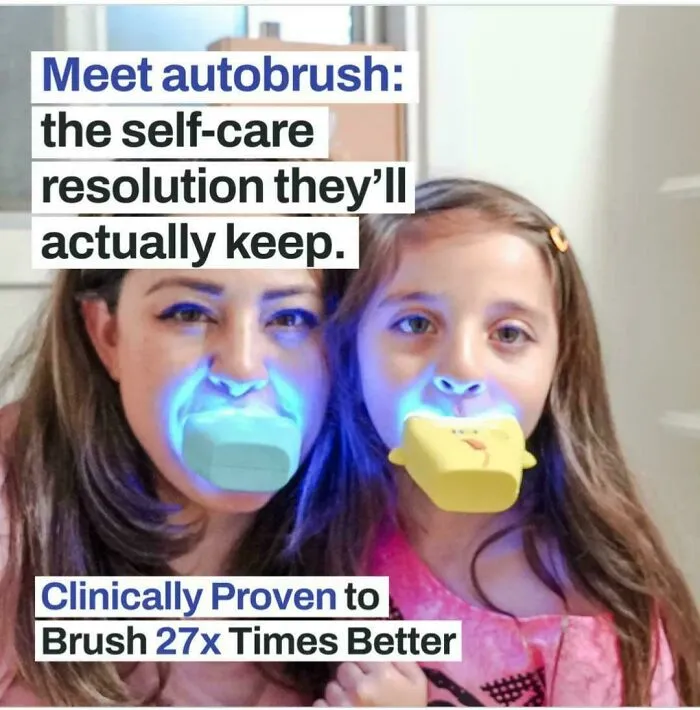 Adults and child using colorful lighted mouthpieces; caption discusses self-care resolution with toothbrush.