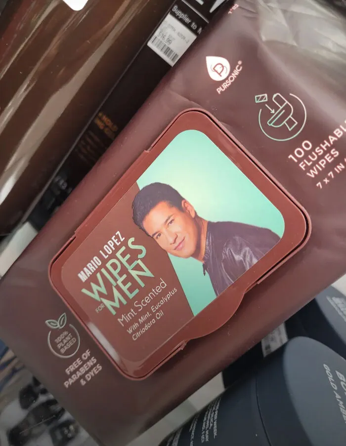 Flushable mint-scented wipes with celebrity packaging, labeled "Wipes for Men".