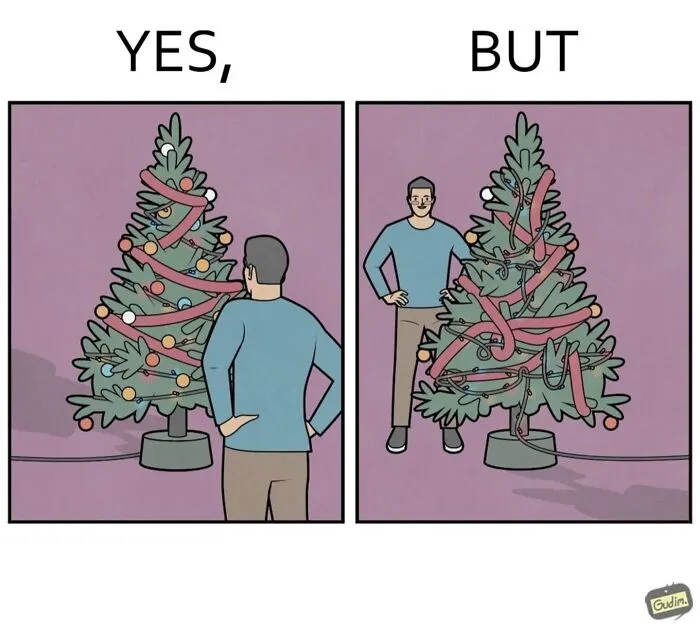Man observing a Christmas tree; first panel decorated, second shows contradictions in decoration.