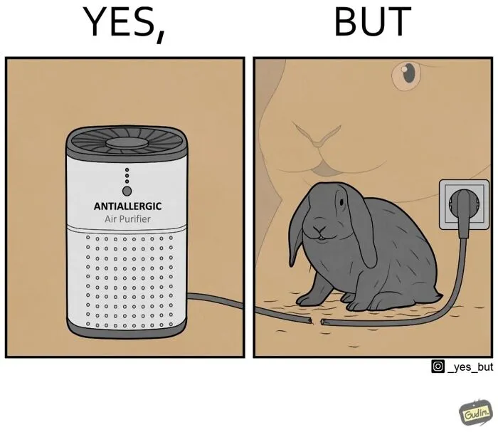 Illustration by Anton Gudim showing a plugged-in air purifier and a rabbit sitting on its cord, depicting societal contradictions.