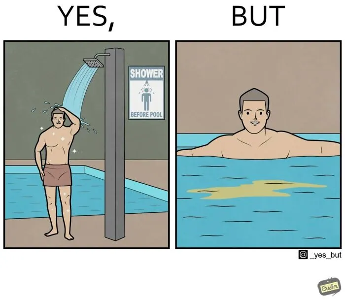 Illustration by Anton Gudim showing a contradiction: a man showers before entering pool but then urinates in it.