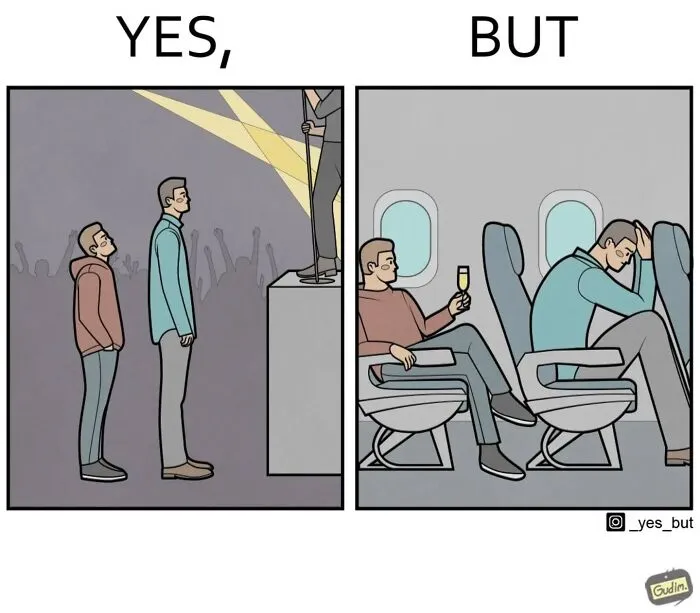 Illustration by Anton Gudim depicting societal contradictions with concert and airplane scenes.