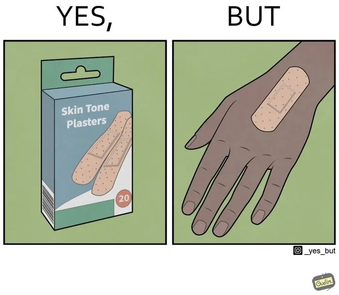 Illustration showing a box of skin tone plasters next to a mismatched bandage on a hand, depicting societal contradictions.
