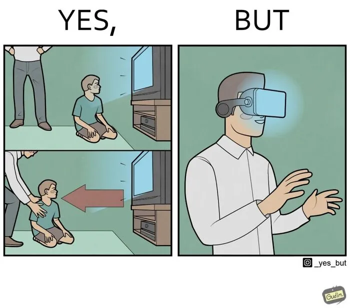 Illustration of society's contradictions showing a child away from TV and adult with VR headset.