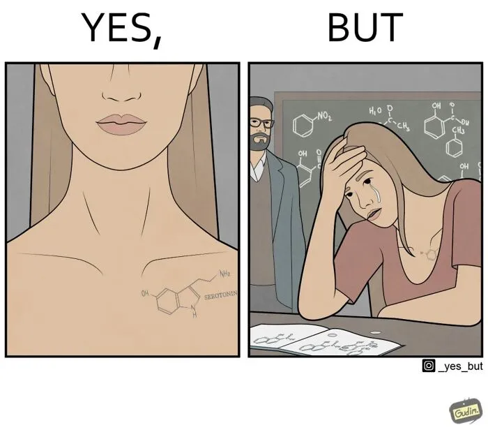 Illustration of a woman with serotonin tattoo contrasted with her crying over chemical equations, depicting societal contradictions.