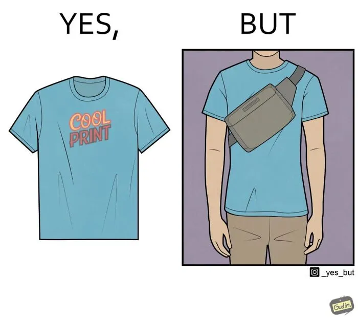 Illustration by Anton Gudim showing a contradiction with a plain shirt and a shirt with a bag obscuring the design.