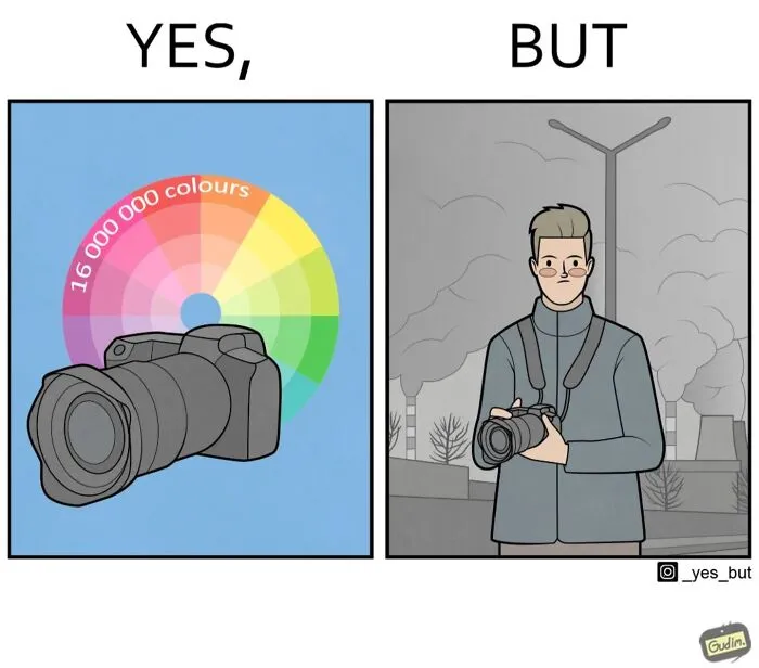 Illustration by Anton Gudim showing societal contradictions using a camera in colorful and gray environments.