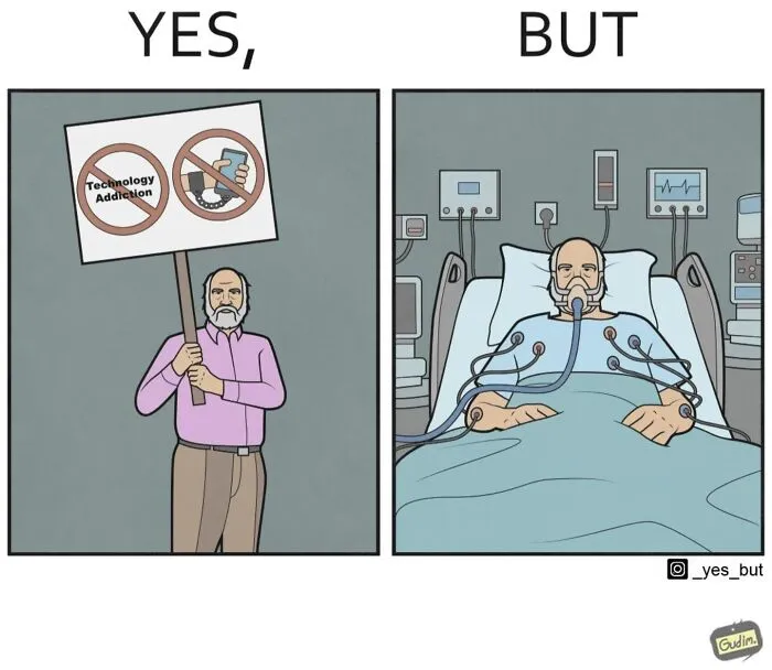 Illustration depicting society's contradictions with a man protesting technology addiction, then seen using tech in hospital.