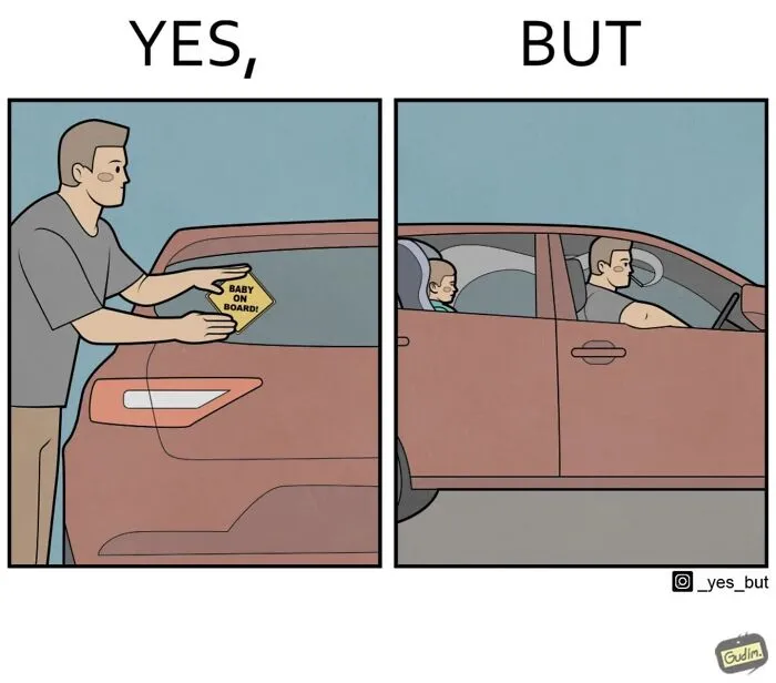 Anton Gudim illustration showing societal contradictions with a "Baby on Board" sign and a man driving carelessly.
