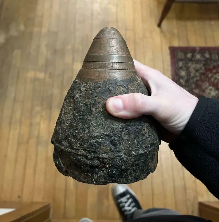Heavy Metal Cone With Some Sort Of Measuring Markings On It, Has Threads On The Inside