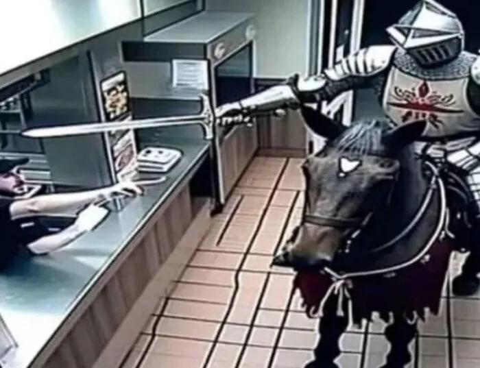 Caballero medieval en un restaurante de comida rápida, escena absurda y rara.