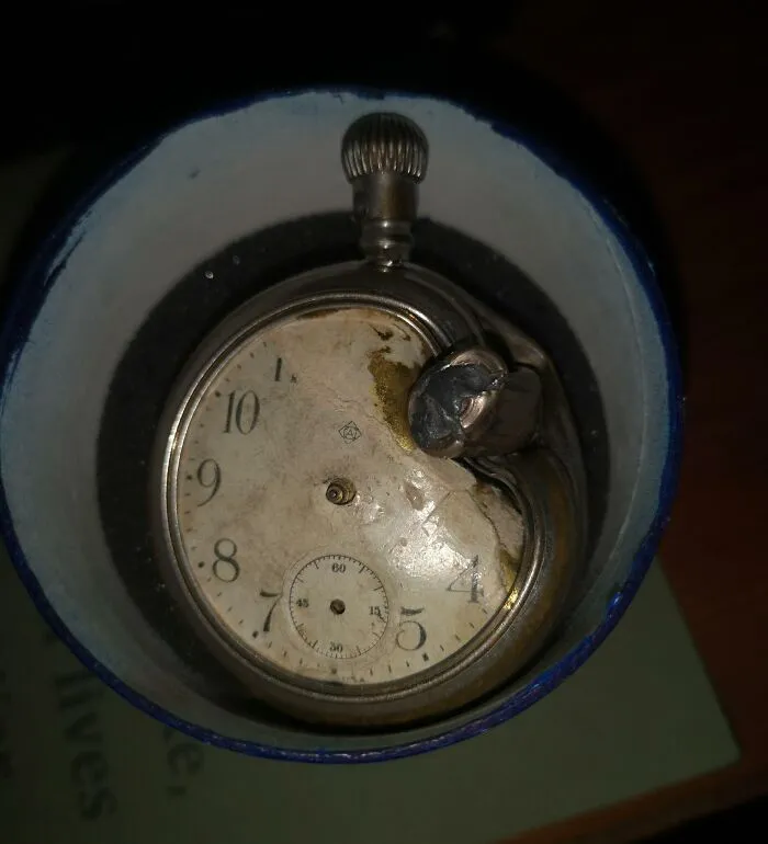 My Great Grandfather's British Army Issue Pocket Watch Along With The German Bullet That It Stopped In France 1914