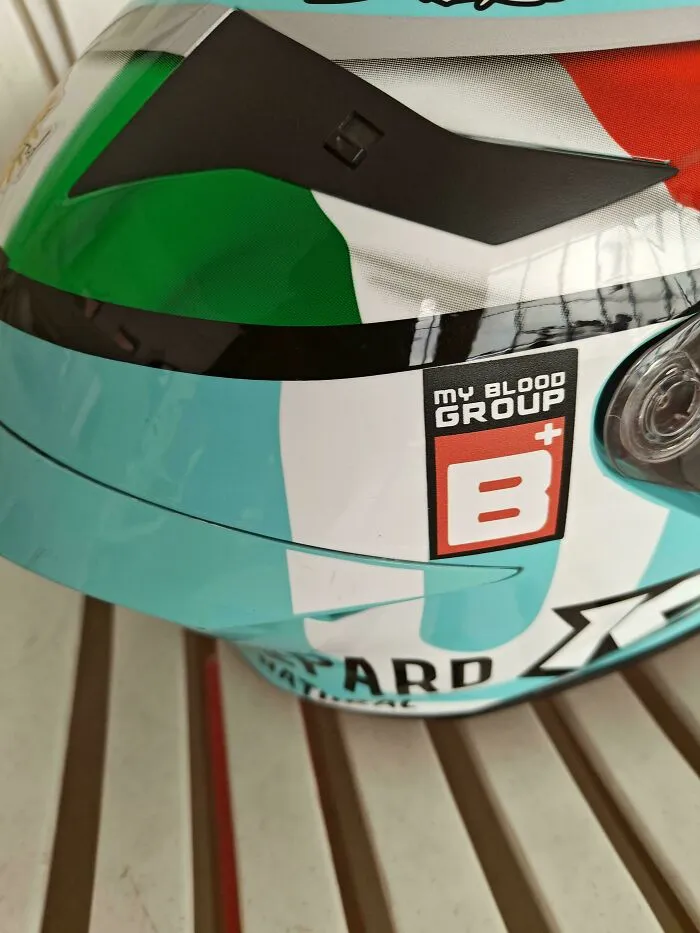 My Friend's Helmet Comes With A Tag For His Blood Group In Case An Accident Happens