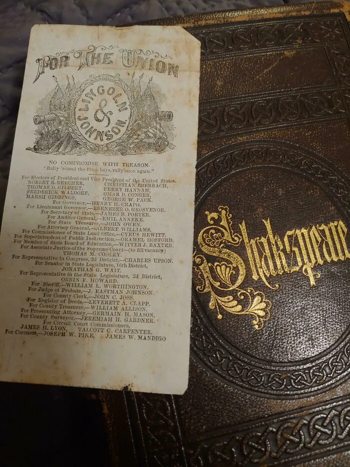 This "Bookmark" I Found In An Old Shakspeare Book Is A Voting Ticket From The Civil War