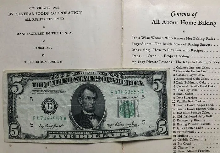 1950 Five Dollar Bill In A 1935 Cookbook