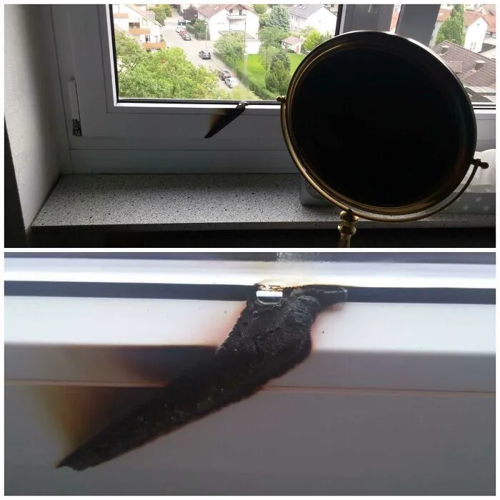 Mi mamá dejó accidentalmente su espejo frente a la ventana durante el día. Al regresar, encontró esto.