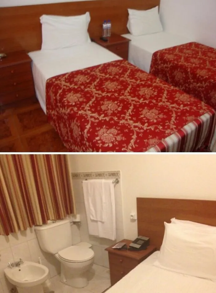 Picture Of My Hotelroom On Booking Website vs. Picture I Made When We Walked Into The Room. I Hope My Roommate Doesn't Need To Use The Toilet Tonight