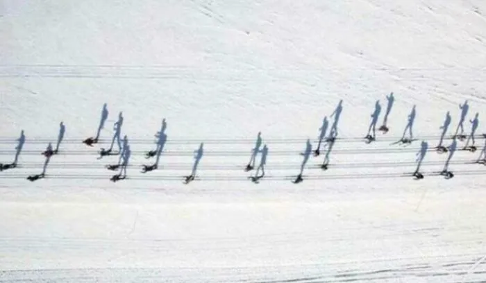 Skiers Looking Like Music Notes
