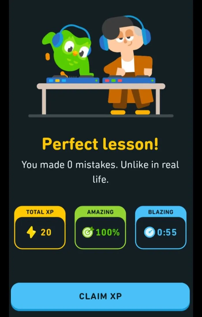 Passive-aggressive message with a funny character celebrating a perfect lesson without real-life mistakes.