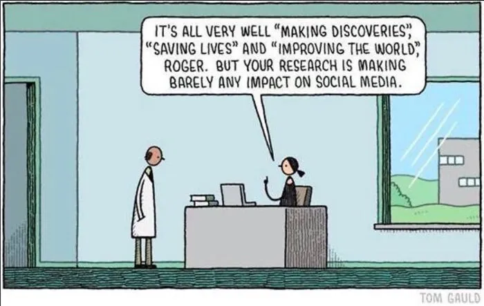 Cartoon of a woman telling a scientist his research is barely making an impact on social media, humor and randomness.