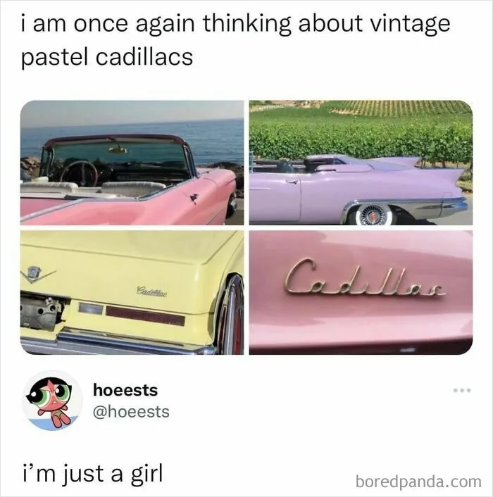 Vintage pastel Cadillacs collage with caption about girly thoughts.