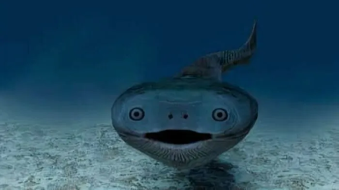 Bizarre fish with a wide mouth on the ocean floor, creating an oddly terrifying scene.