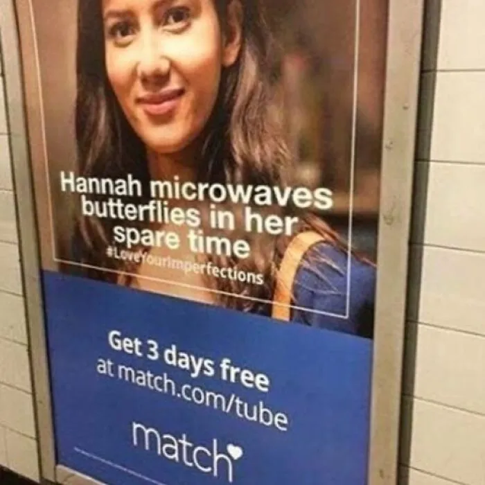 Ad featuring a woman with text about microwaving butterflies, highlighting weirdness with a quirky twist.