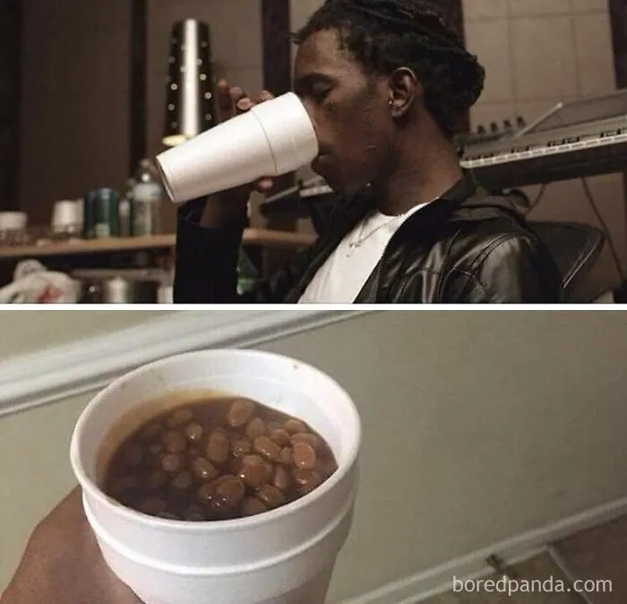 Person drinking from a cup above a close-up of the same cup filled with beans, showcasing weirdness.