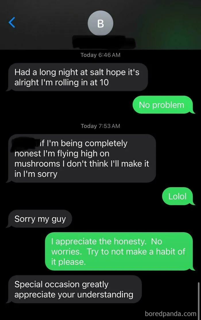 Text messages about being late to work in the food service industry, with an honest excuse.